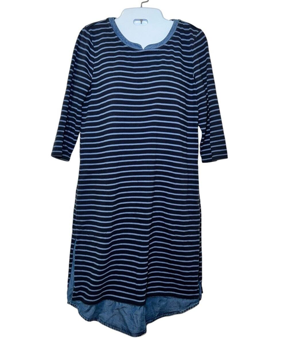 J Jill Dress Size XS Navy Blue Striped Denim Chambray Trim 3/4 Sleeve Pockets